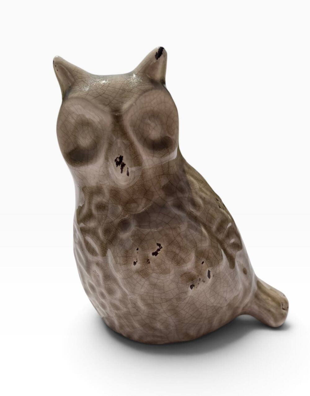 Distressed Crackle Glaze Cream Green Ceramic Owl Figurine